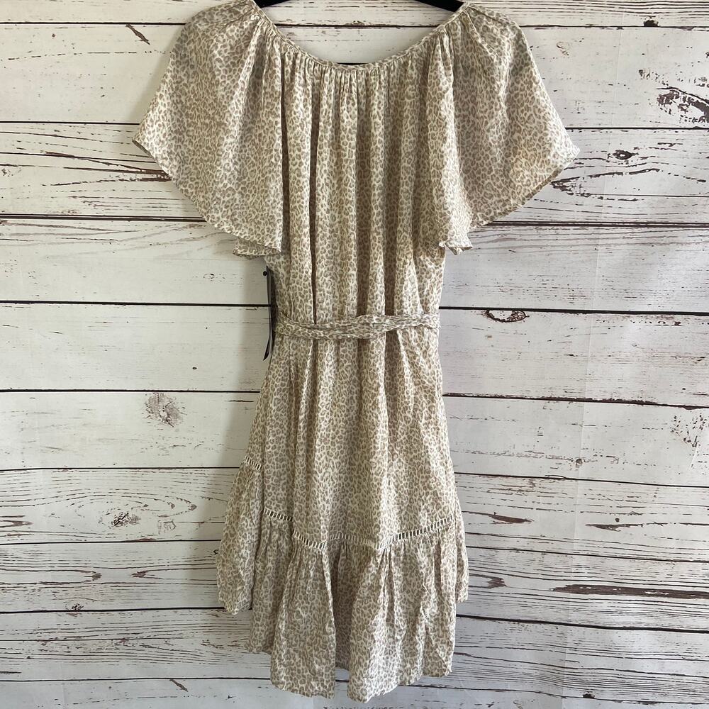 Olivaceous S Cream Boho Animal Print Belted Tassel Ruffle Flowy Mini Dress - Picture 7 of 10